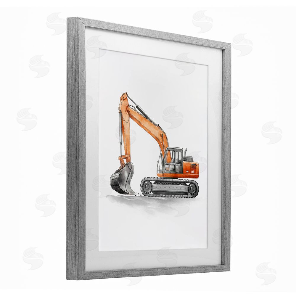 Christine Simpson Art Working Trucks Excavator Gray Framed Print Under Glass with White Mat Wall Art