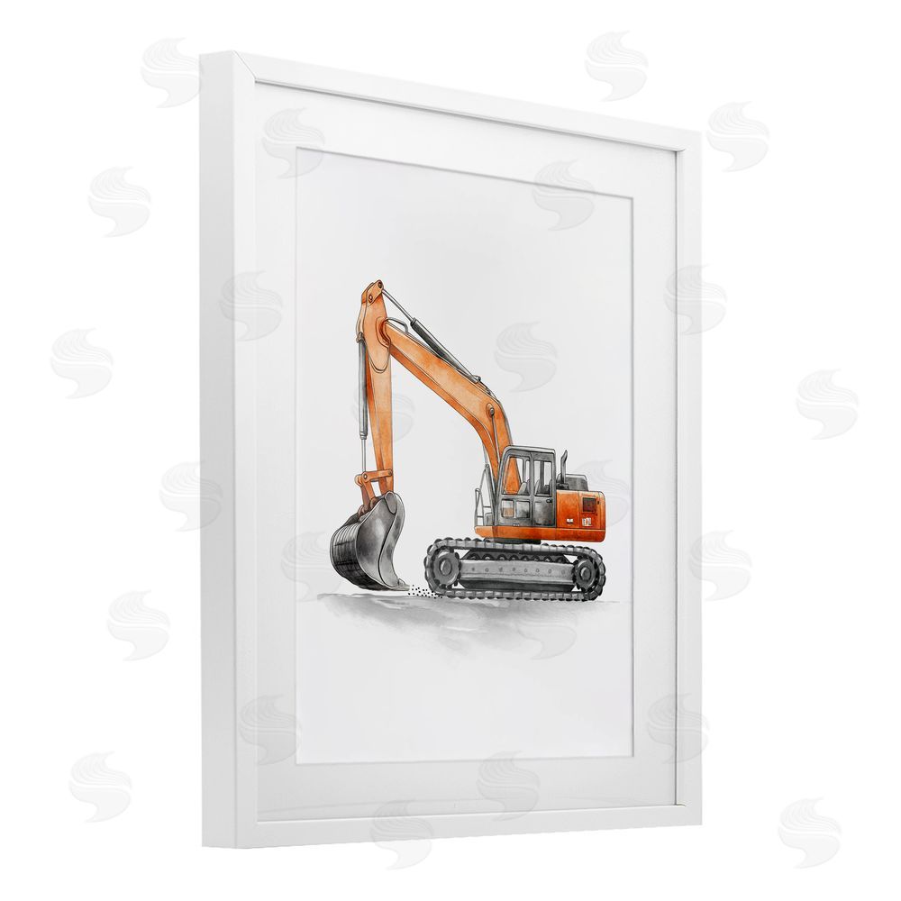 Christine Simpson Art Working Trucks Excavator White Framed Print Under Glass with Mat Wall Art
