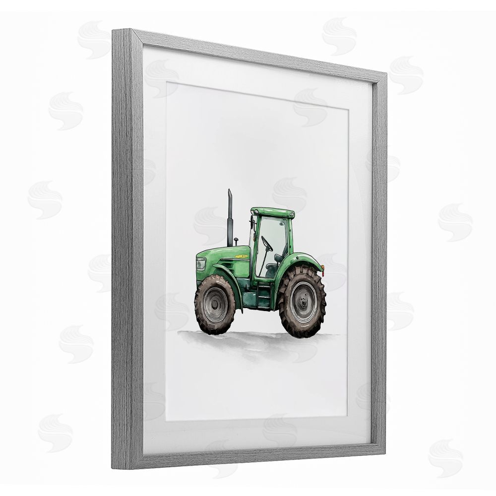 Christine Simpson Art Working Trucks Green Tractor Gray Framed Print Under Glass with White Mat Wall Art