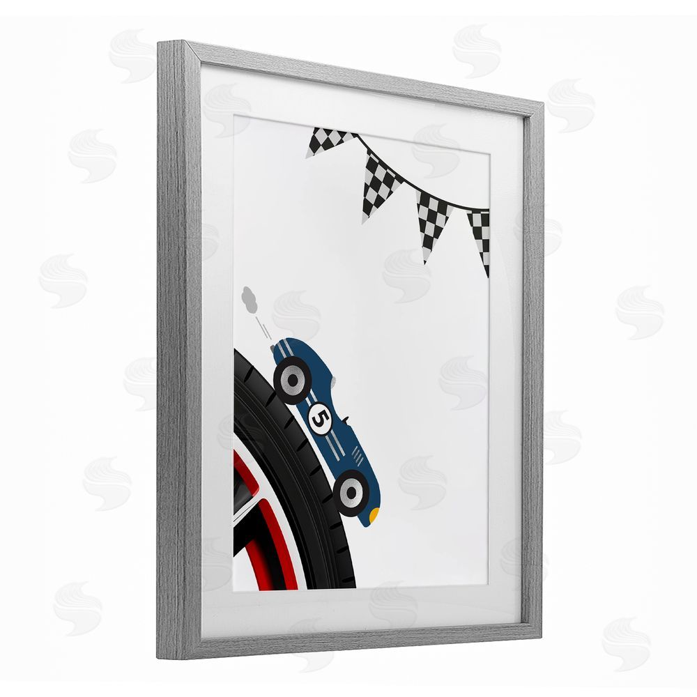 Christine Simpson Art Vintage Fast Lane Racecar Gray Framed Print Under Glass with White Mat Wall Art