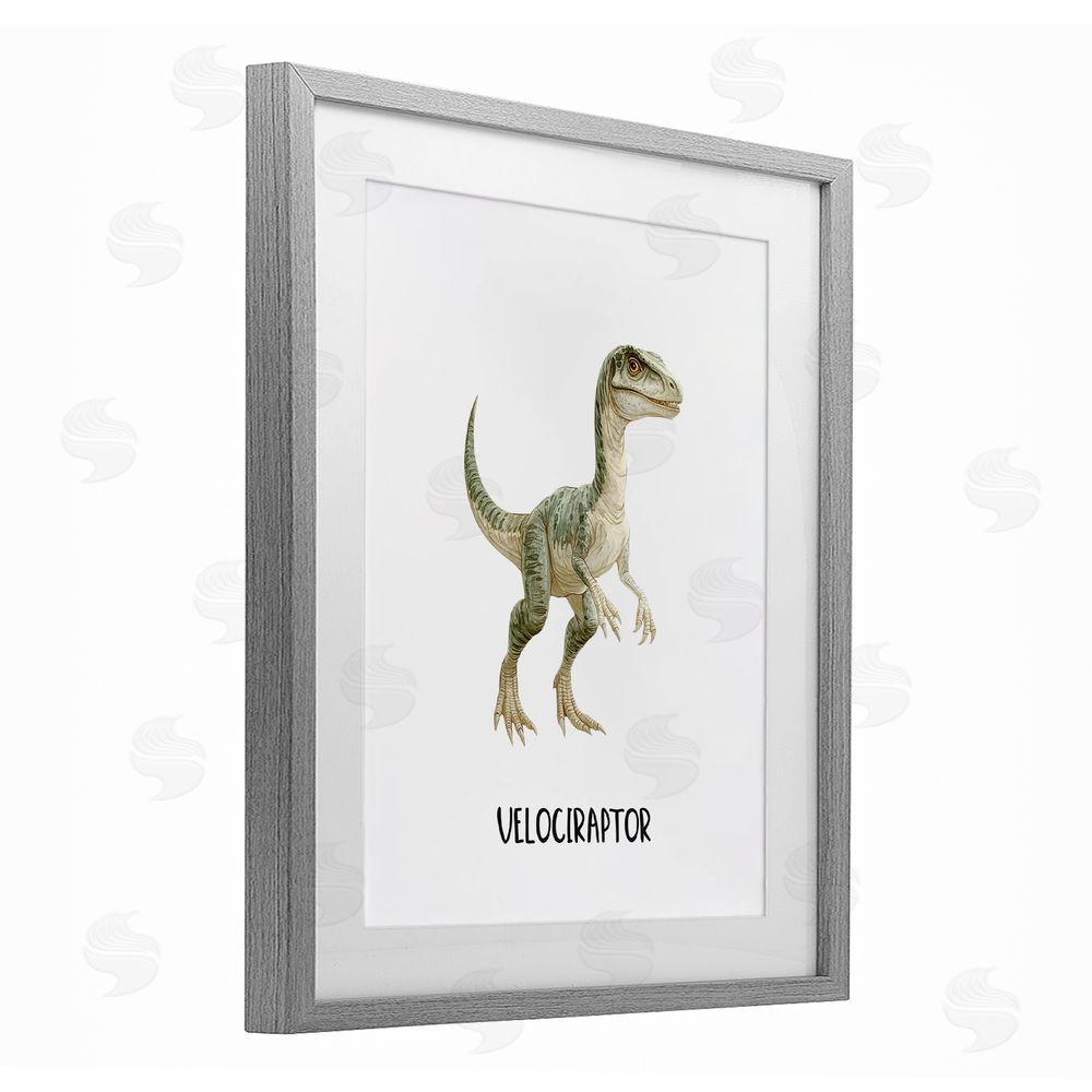 Christine Simpson Art Meet The Velociraptor Gray Framed Print Under Glass with White Mat Wall Art
