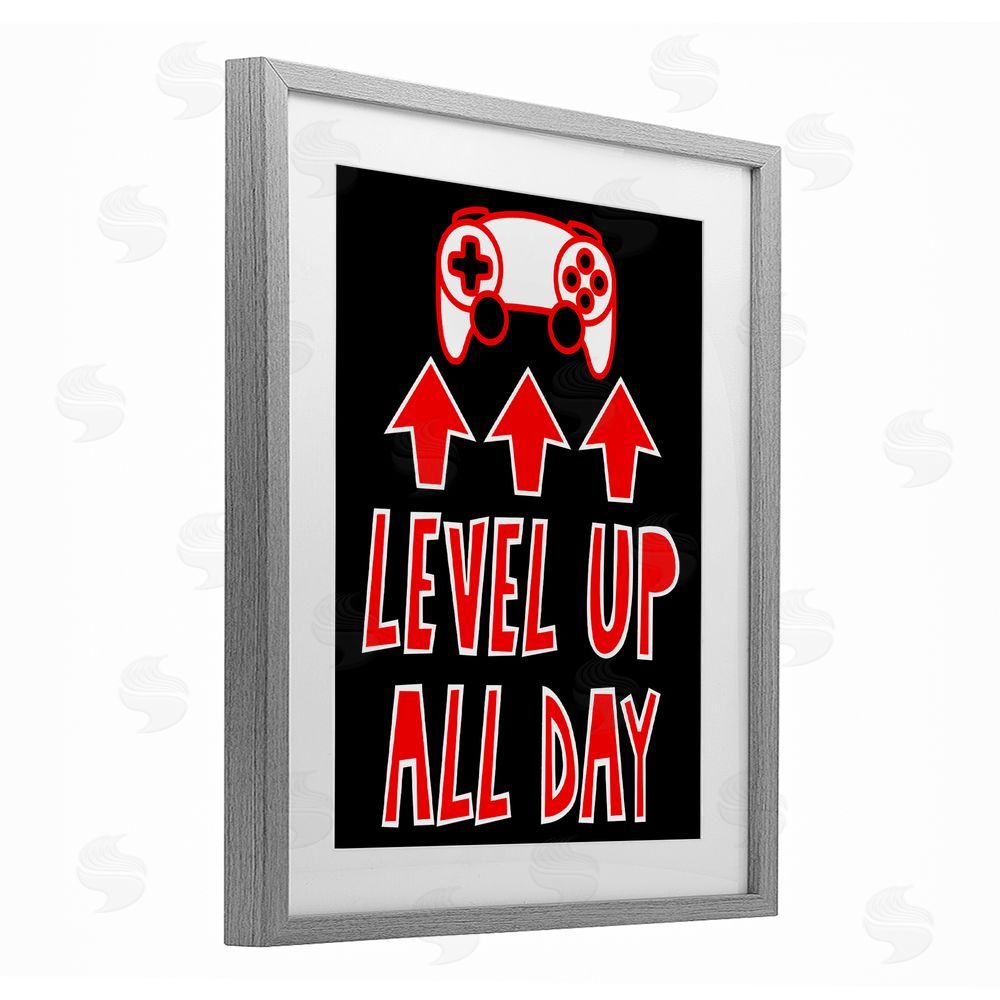Marcus Prime Level Up All Day Gamer Gray Framed Print Under Glass with White Mat Wall Art