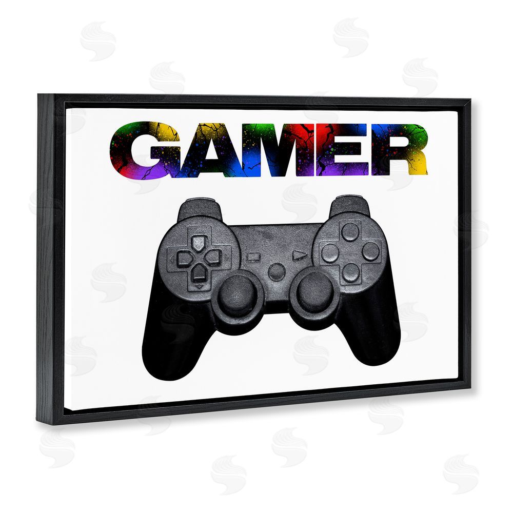 Marcus Prime Gamer with Rainbow Splatter Black Floating Frame Canvas Wall Art Print