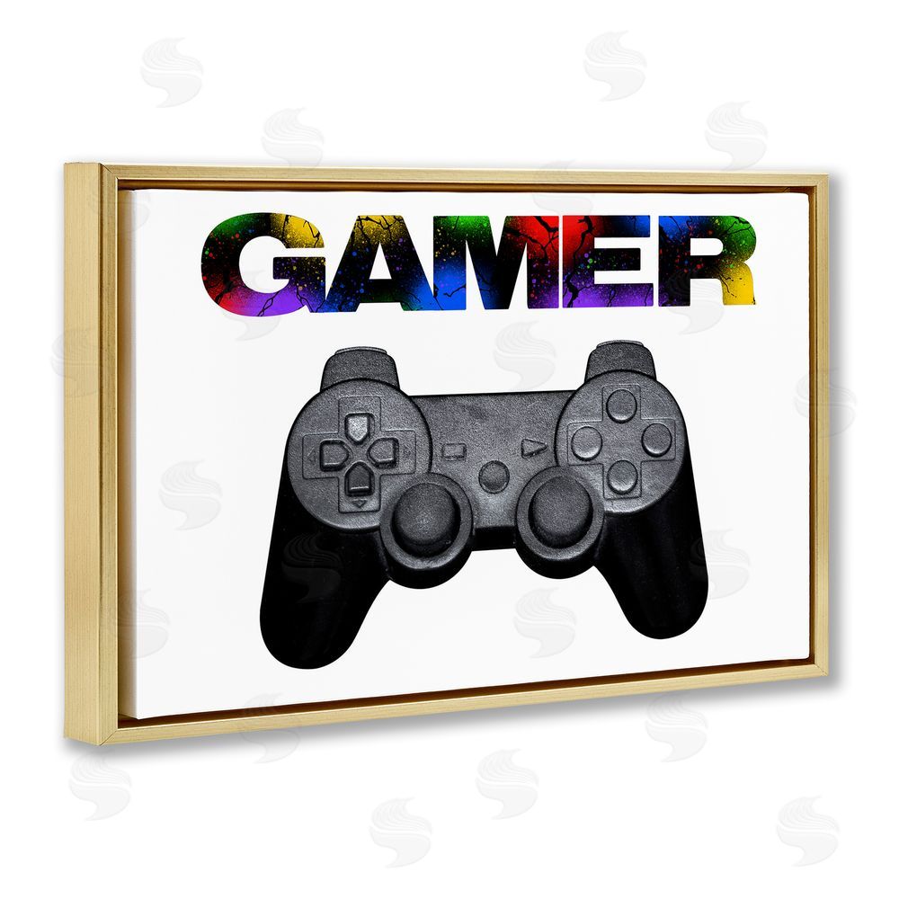 Marcus Prime Gamer with Rainbow Splatter Gold Floating Frame Canvas Wall Art Print