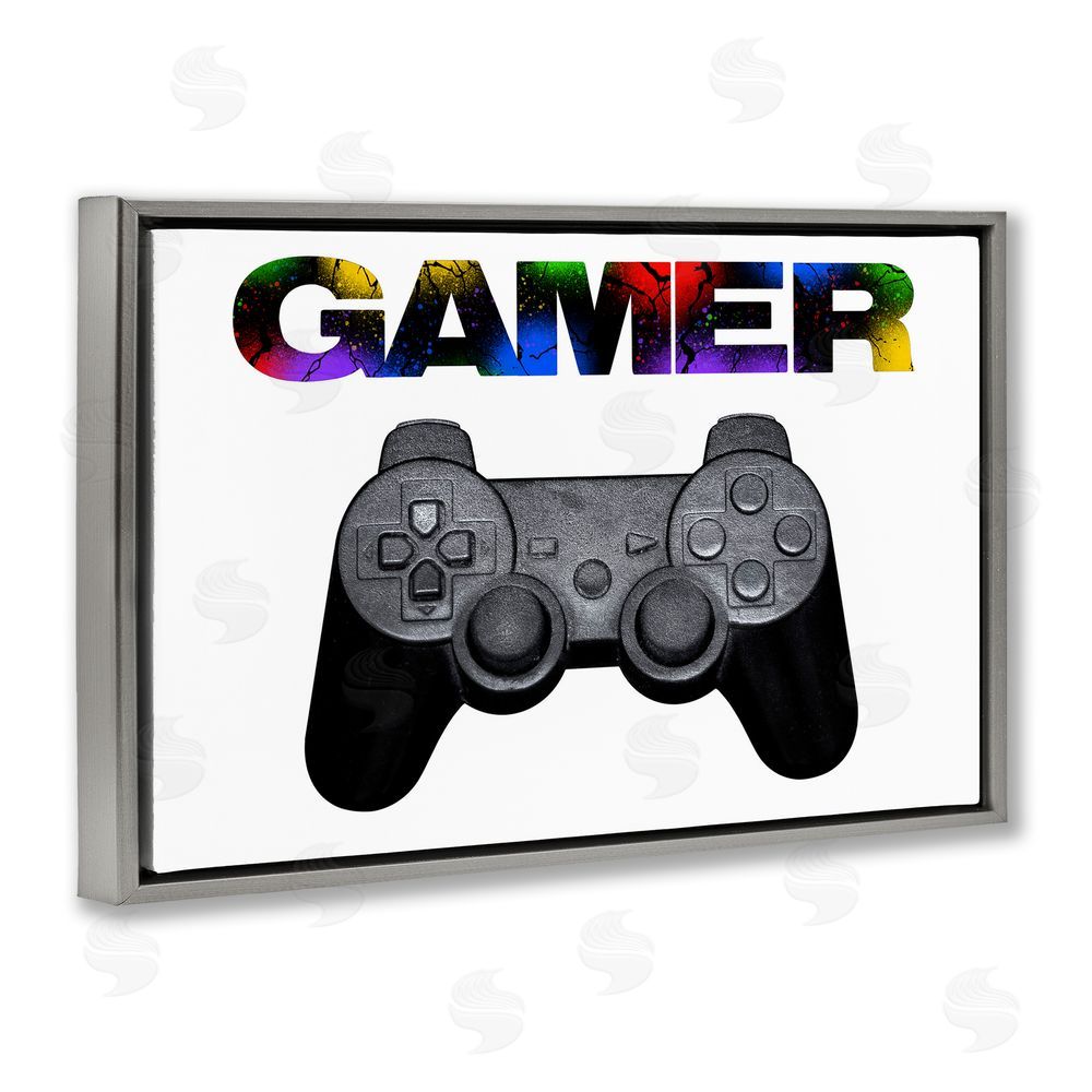 Marcus Prime Gamer with Rainbow Splatter Gray Floating Frame Canvas Wall Art Print