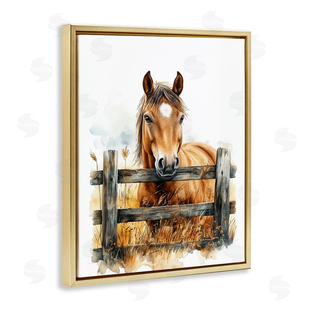 Christine Simpson Art Cowboy's Horse & Fence Gold Floating Frame Canvas Wall Art Print