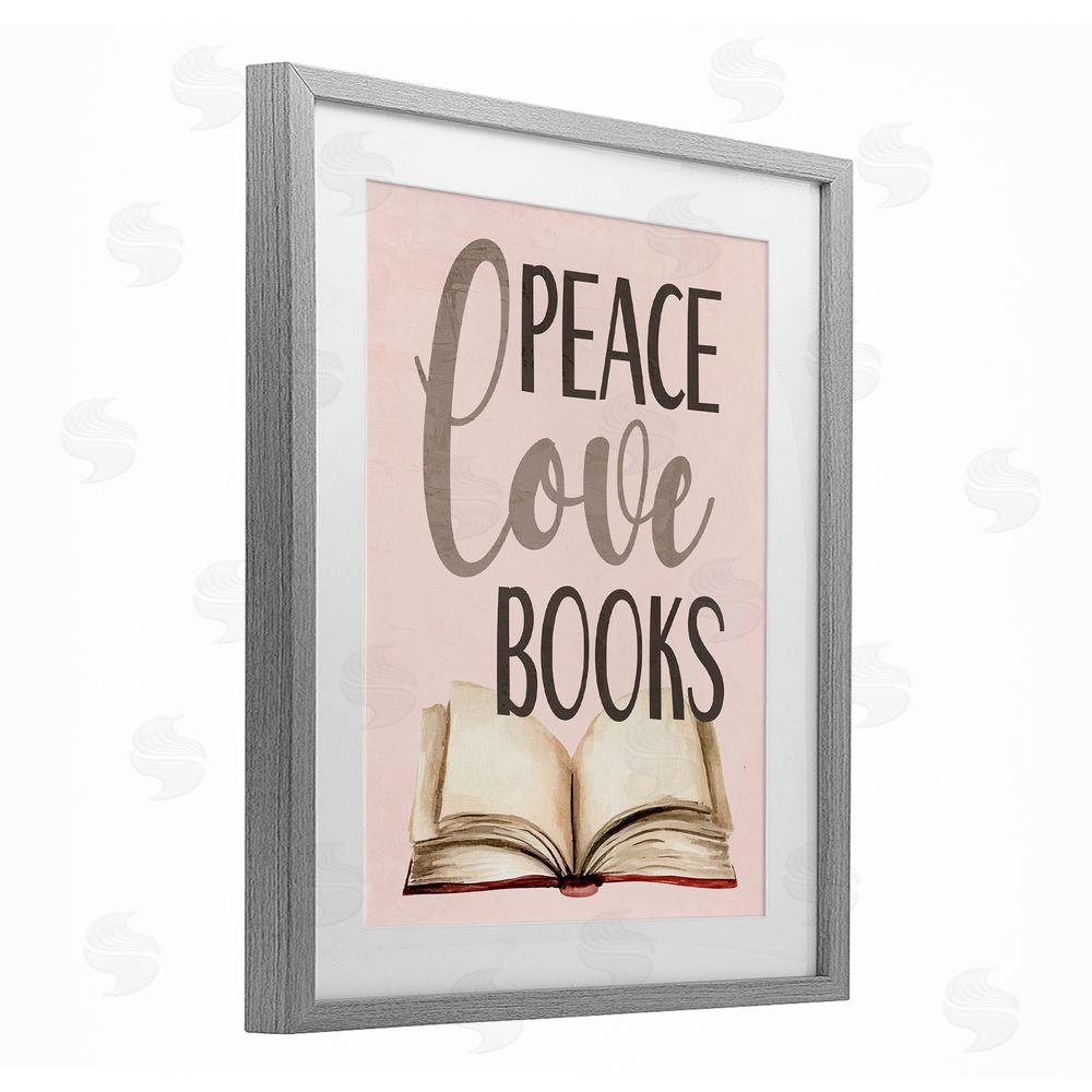 Kim Allen Peace Love Books Gray Framed Print Under Glass with White Mat Wall Art