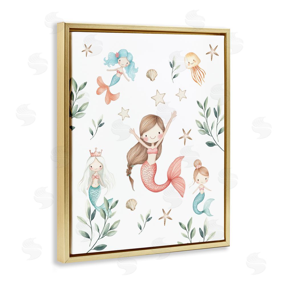 Christine Simpson Art Underwater Mermaids Adventures Gold Floating Frame Canvas Wall Art Print