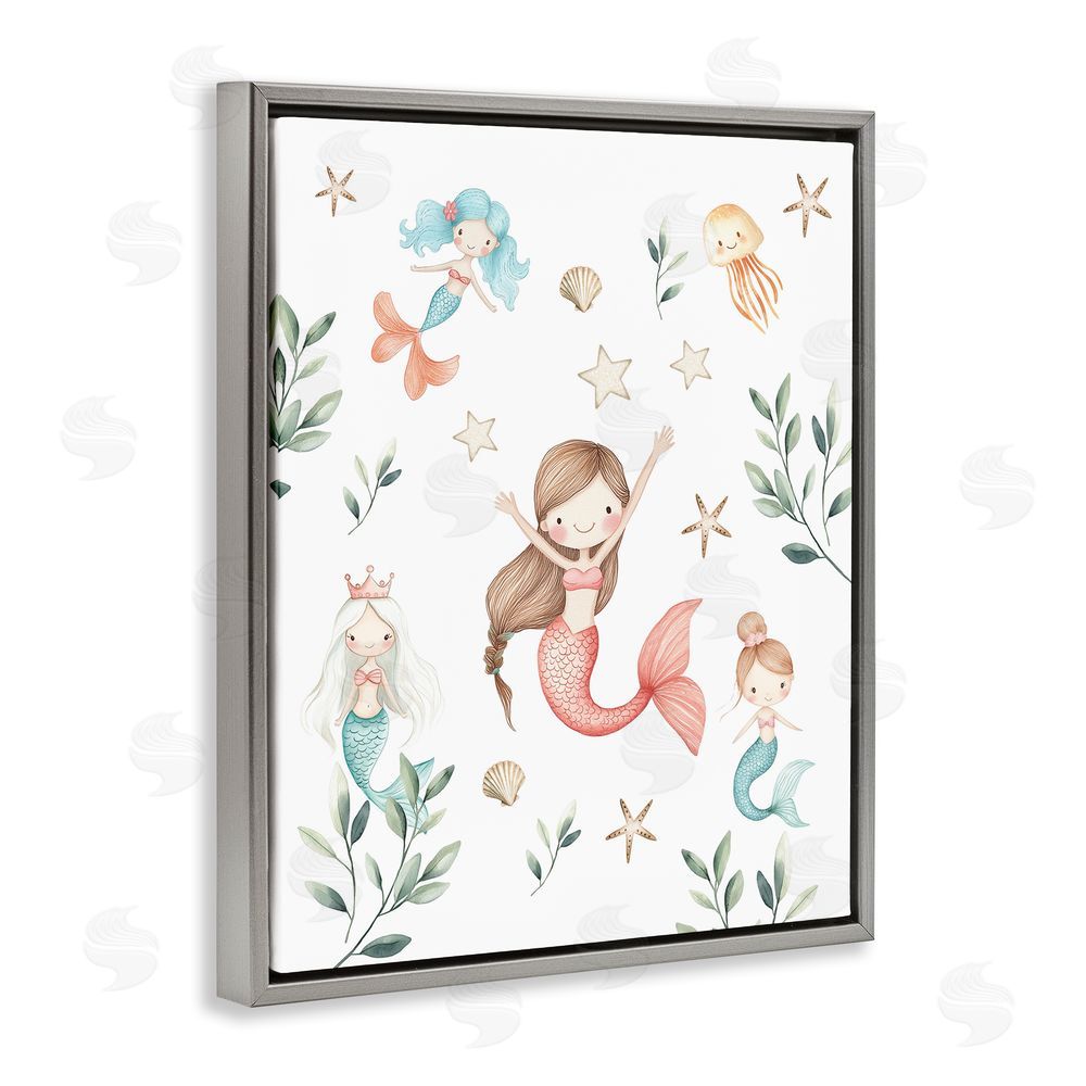 Christine Simpson Art Underwater Mermaids Adventures Gray Floating Frame Canvas Wall Art Print
