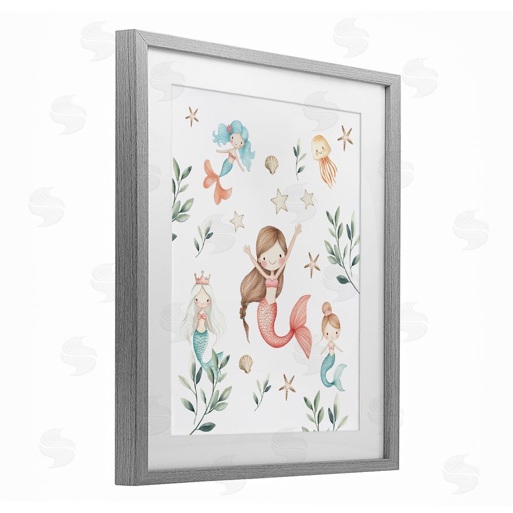 Christine Simpson Art Underwater Mermaids Adventures Gray Framed Print Under Glass with White Mat Wall Art