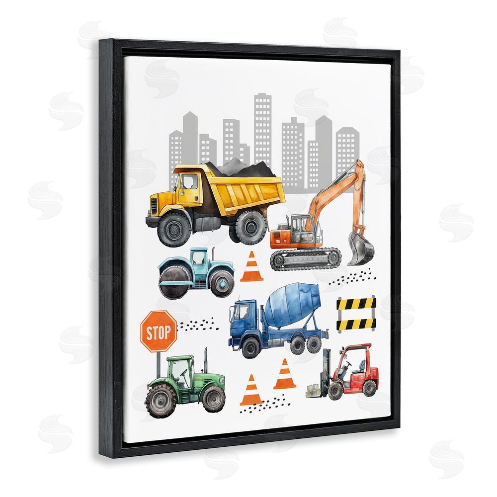 Christine Simpson Art Keep Moving Construction Vehicles Black Floating Frame Canvas Wall Art Print