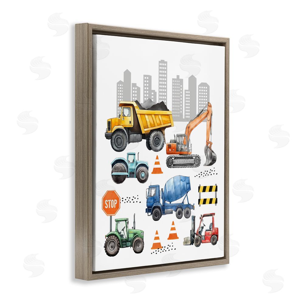 Christine Simpson Art Keep Moving Construction Vehicles Brown Floating Frame Canvas Wall Art Print