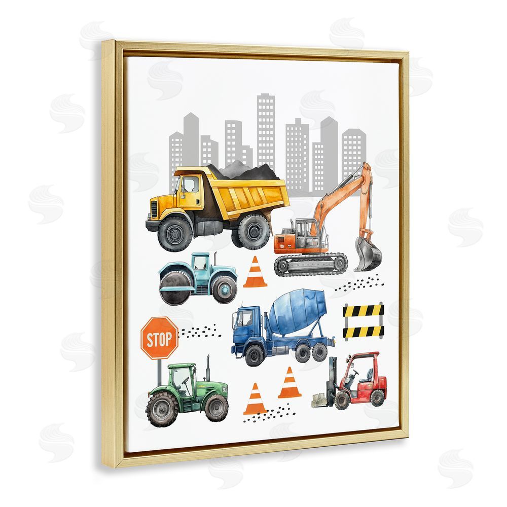 Christine Simpson Art Keep Moving Construction Vehicles Gold Floating Frame Canvas Wall Art Print