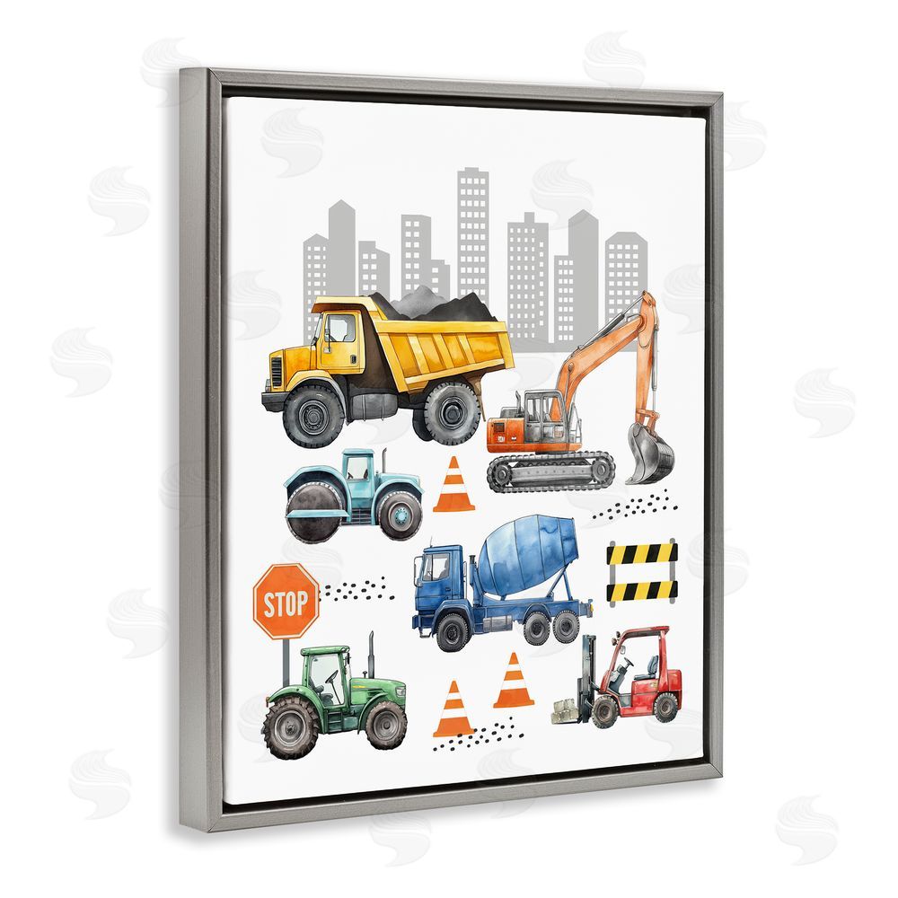 Christine Simpson Art Keep Moving Construction Vehicles Gray Floating Frame Canvas Wall Art Print