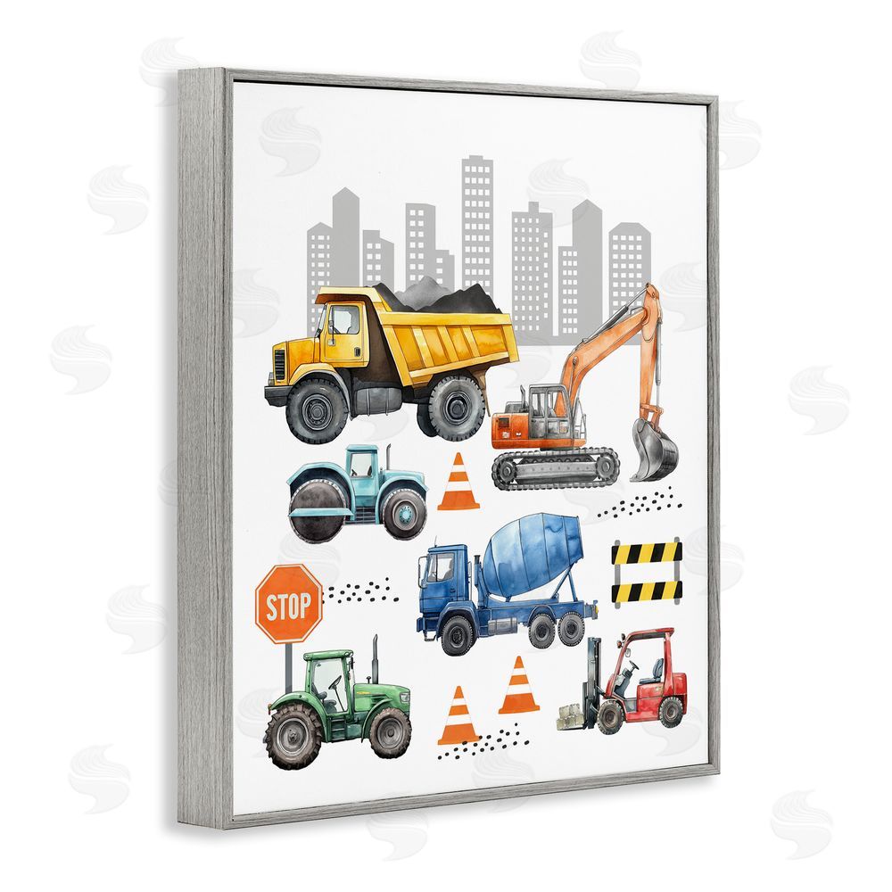 Christine Simpson Art Keep Moving Construction Vehicles Gray Framed Giclee Wall Art Print