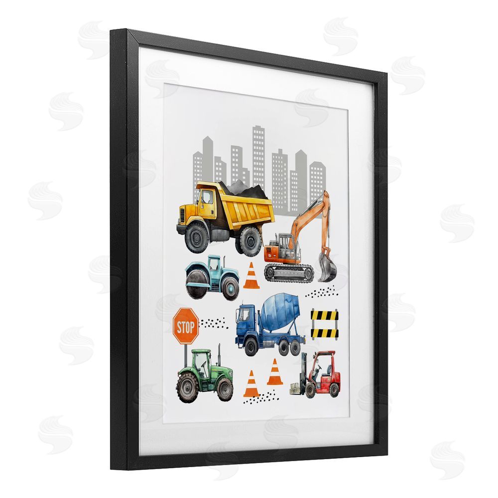 Christine Simpson Art Keep Moving Construction Vehicles Black Framed Print Under Glass with White Mat Wall Art
