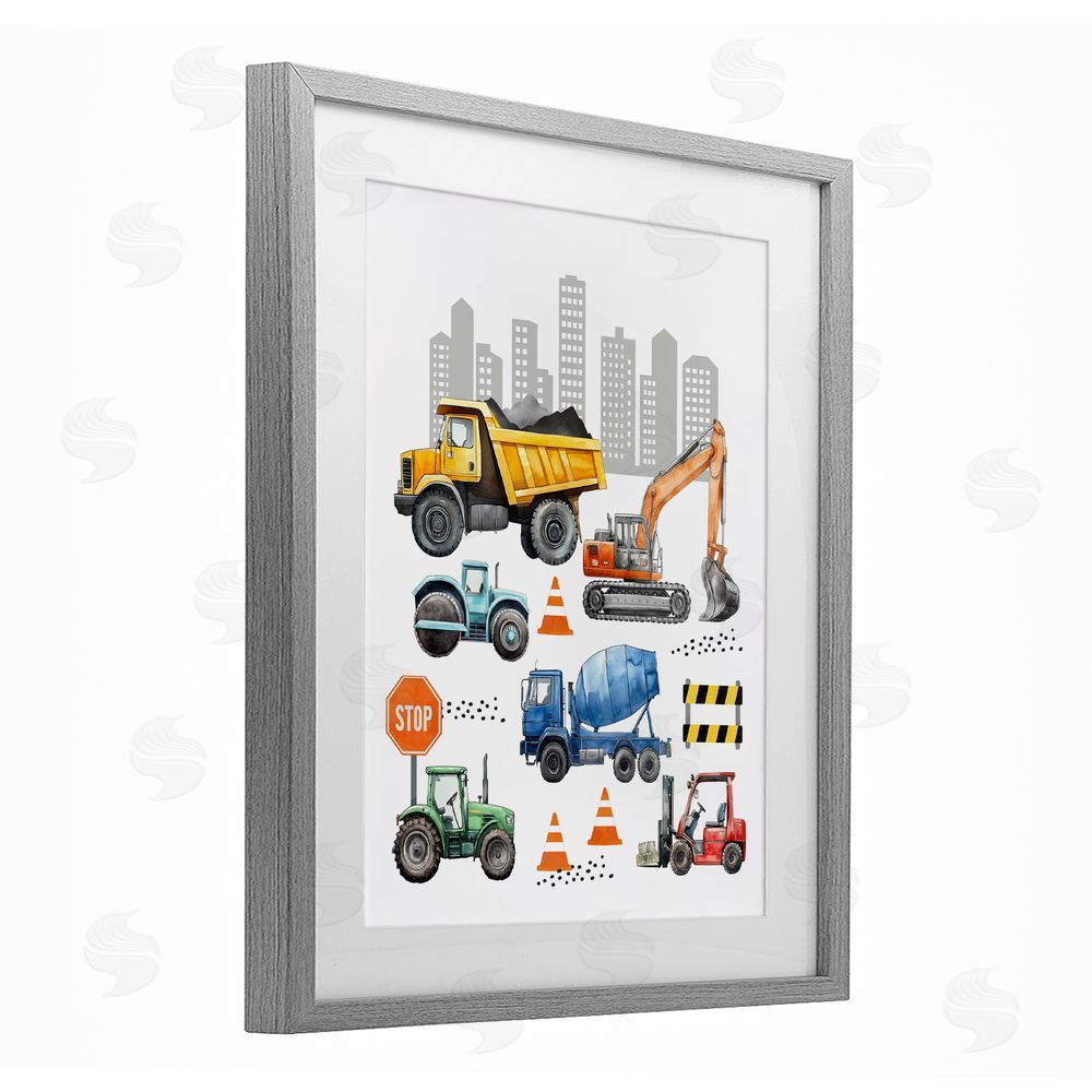 Christine Simpson Art Keep Moving Construction Vehicles Gray Framed Print Under Glass with White Mat Wall Art