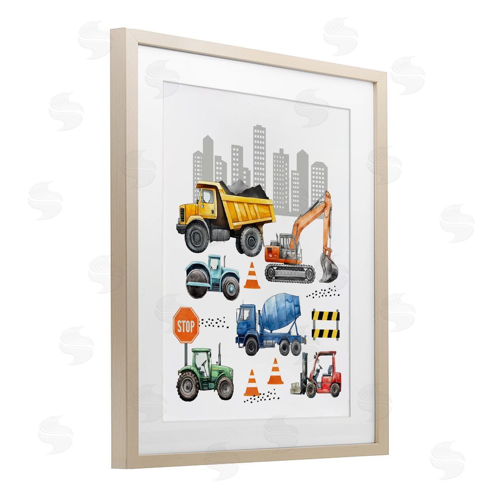 Christine Simpson Art Keep Moving Construction Vehicles Birch Framed Print Under Glass with White Mat Wall Art