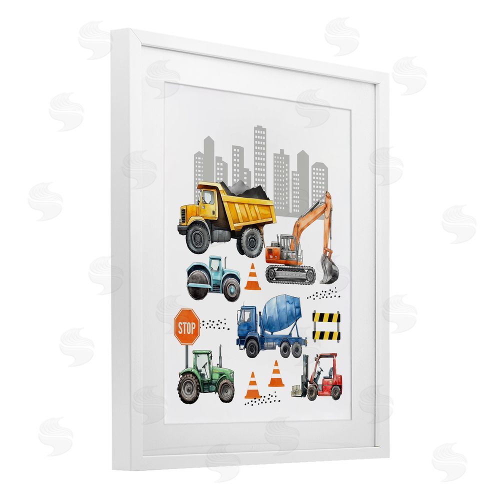Christine Simpson Art Keep Moving Construction Vehicles White Framed Print Under Glass with Mat Wall Art