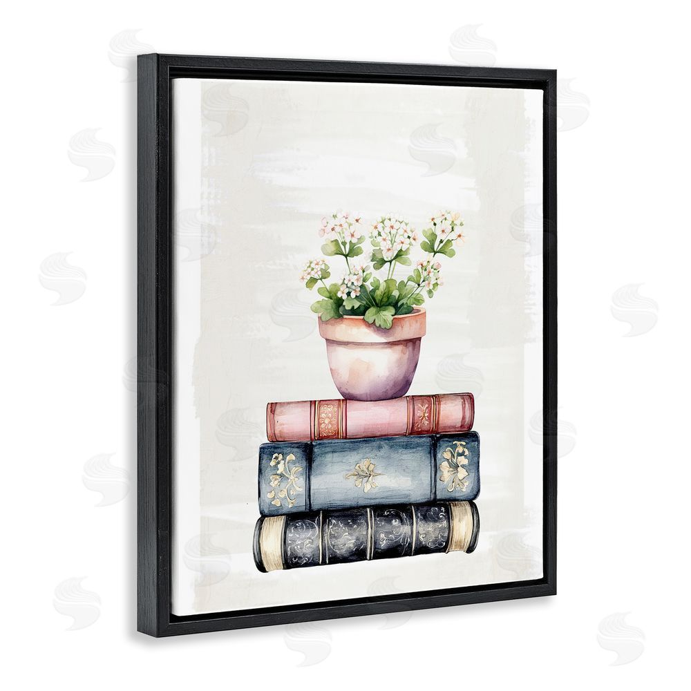 Kim Allen Floral Stacks with Vintage Books Black Floating Frame Canvas Wall Art Print