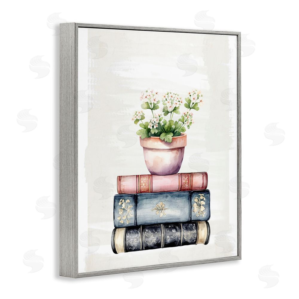Kim Allen Floral Stacks with Vintage Books Gray Framed Giclee Wall Art Print