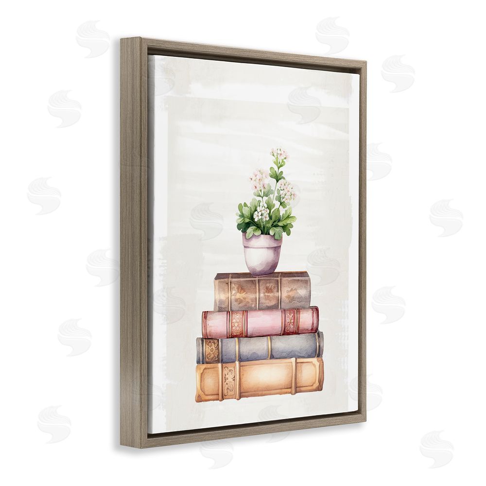 Kim Allen Floral Pot & Vintage Books Brown Floating Frame Canvas Wall Art Print