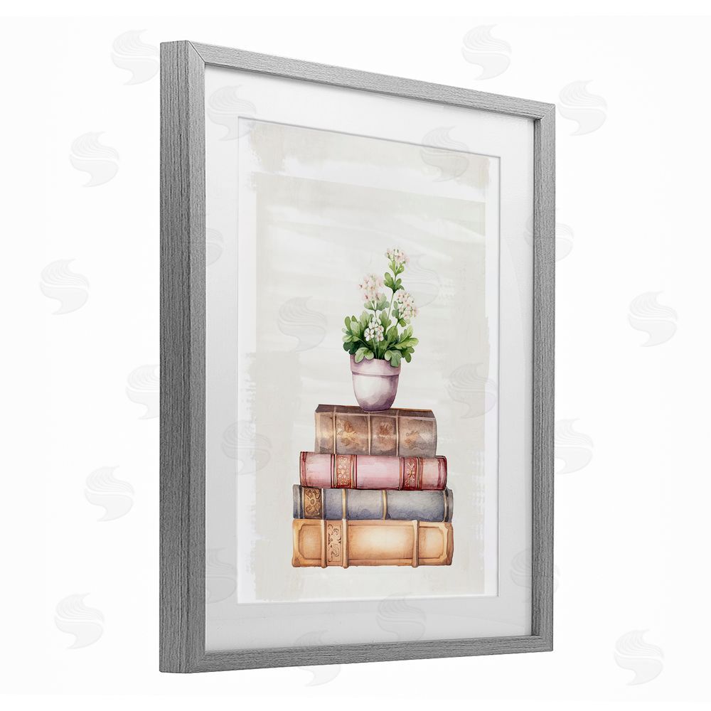 Kim Allen Floral Pot & Vintage Books Gray Framed Print Under Glass with White Mat Wall Art
