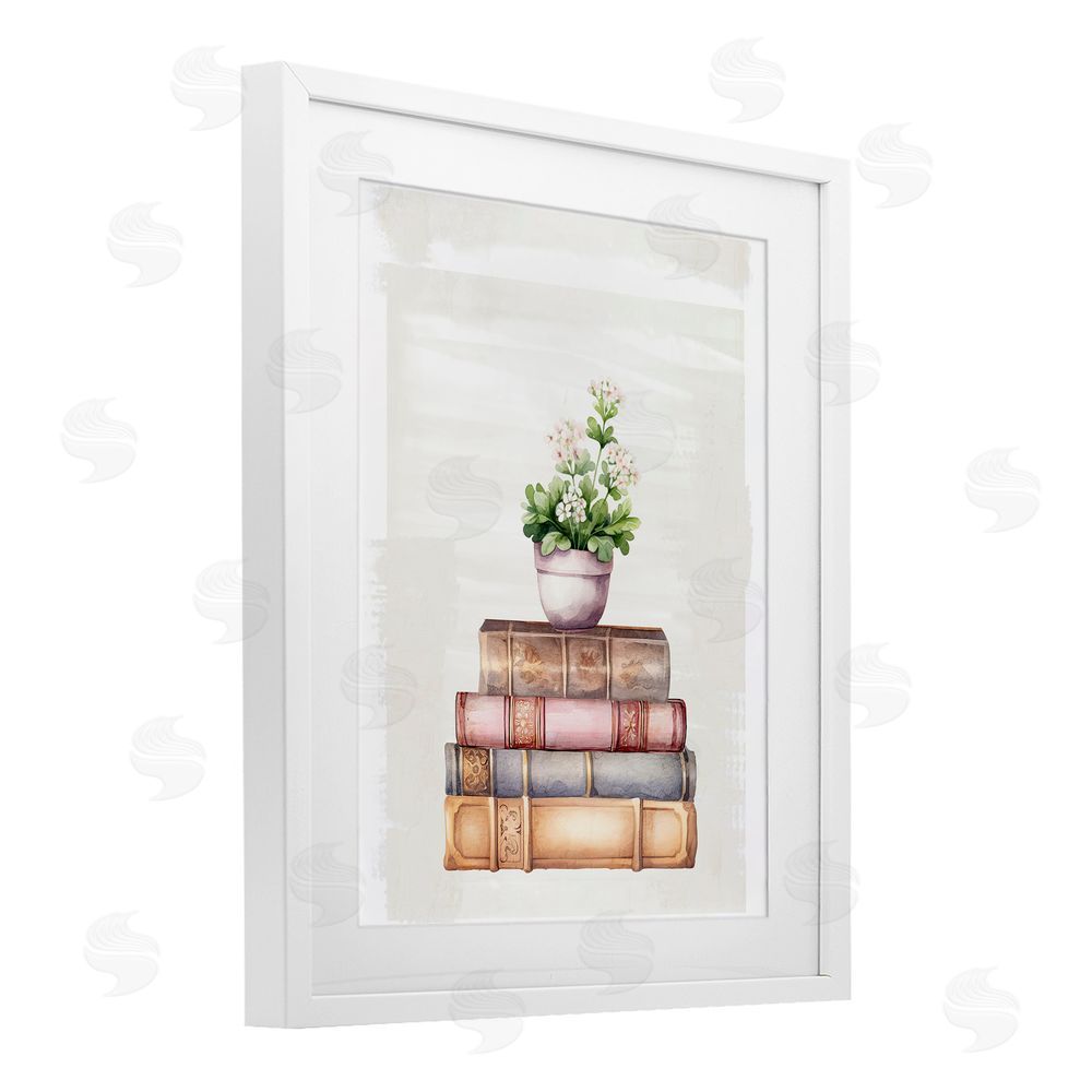 Kim Allen Floral Pot & Vintage Books White Framed Print Under Glass with Mat Wall Art