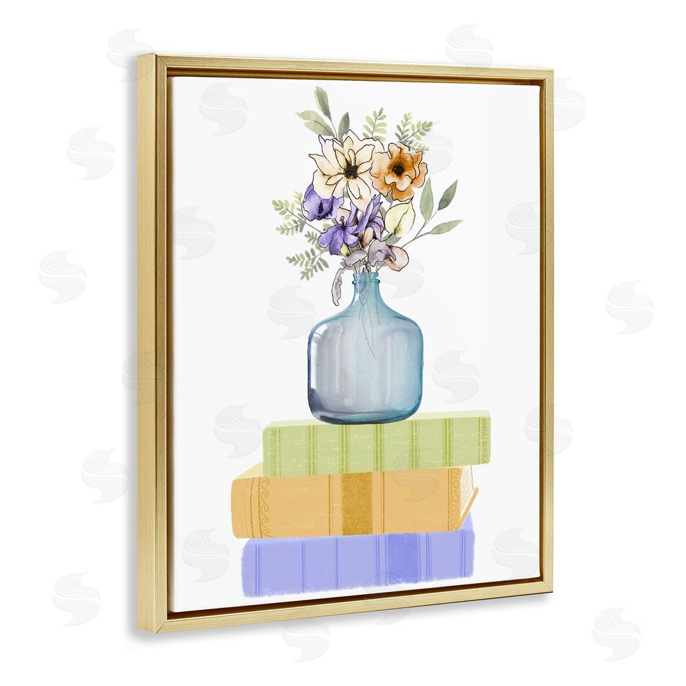 Marcus Prime Flowers Vase On Books Gold Floating Frame Canvas Wall Art Print