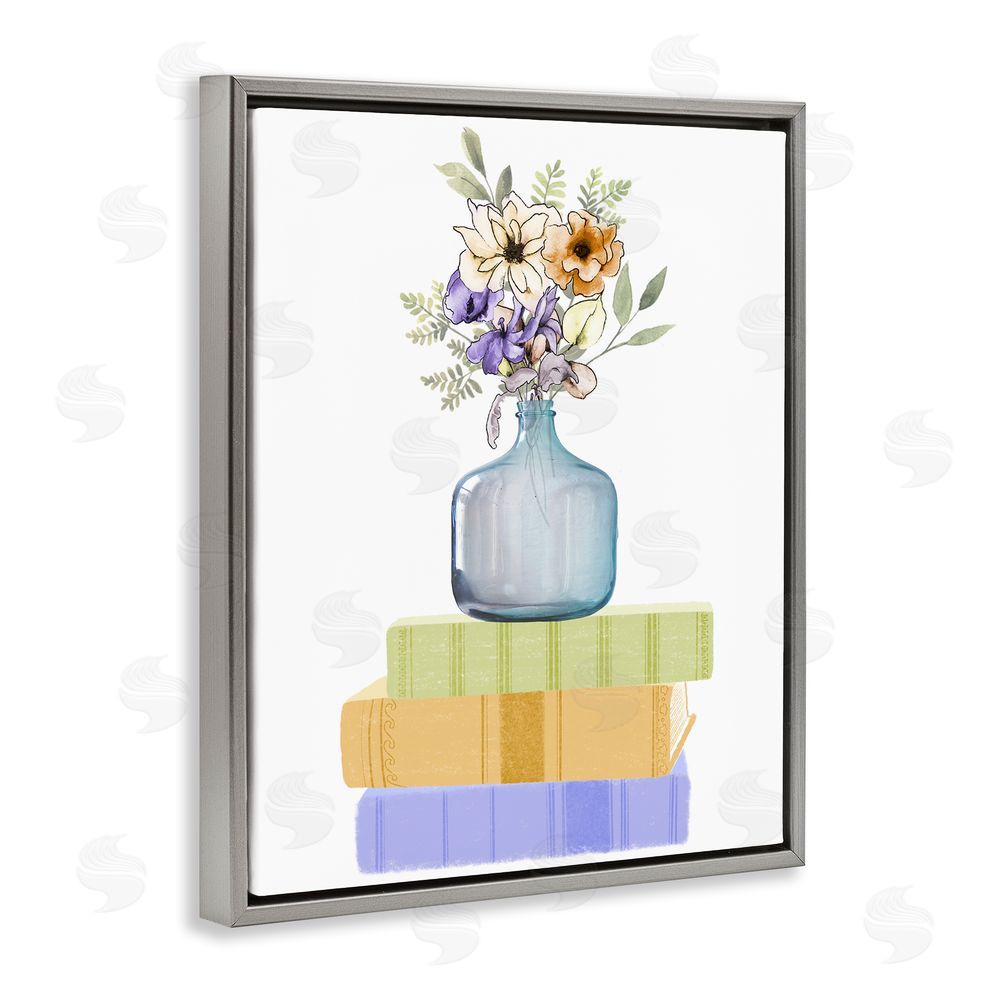 Marcus Prime Flowers Vase On Books Gray Floating Frame Canvas Wall Art Print