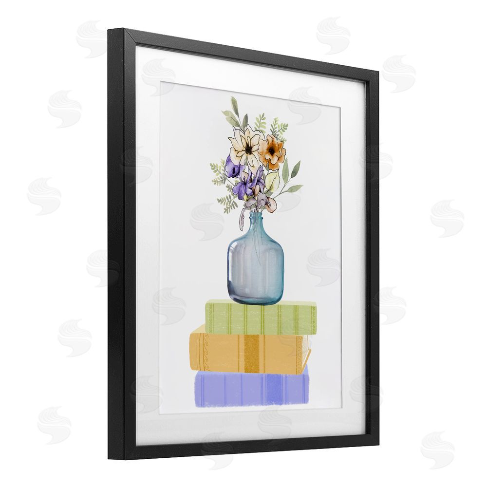 Marcus Prime Flowers Vase On Books Black Framed Print Under Glass with White Mat Wall Art