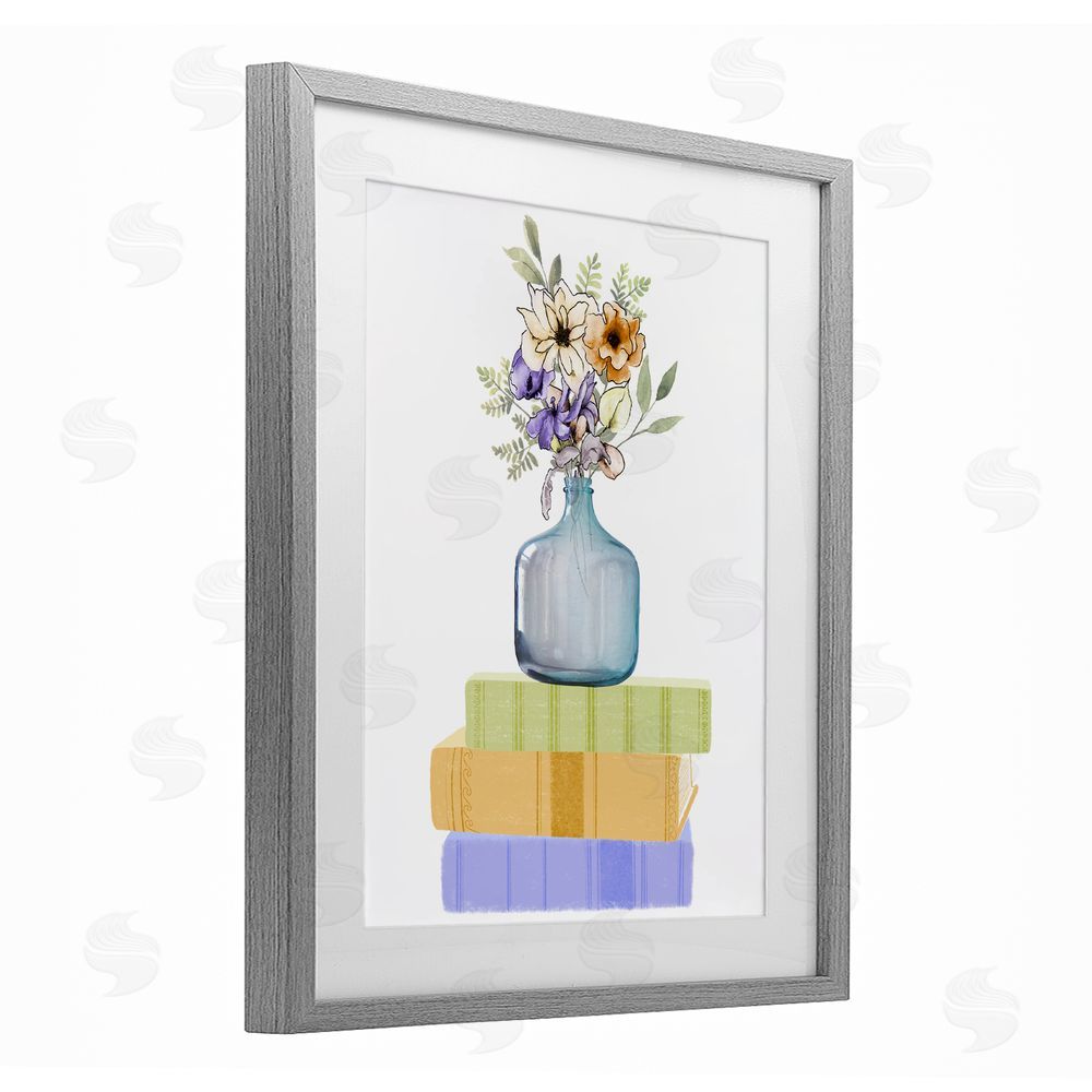 Marcus Prime Flowers Vase On Books Gray Framed Print Under Glass with White Mat Wall Art