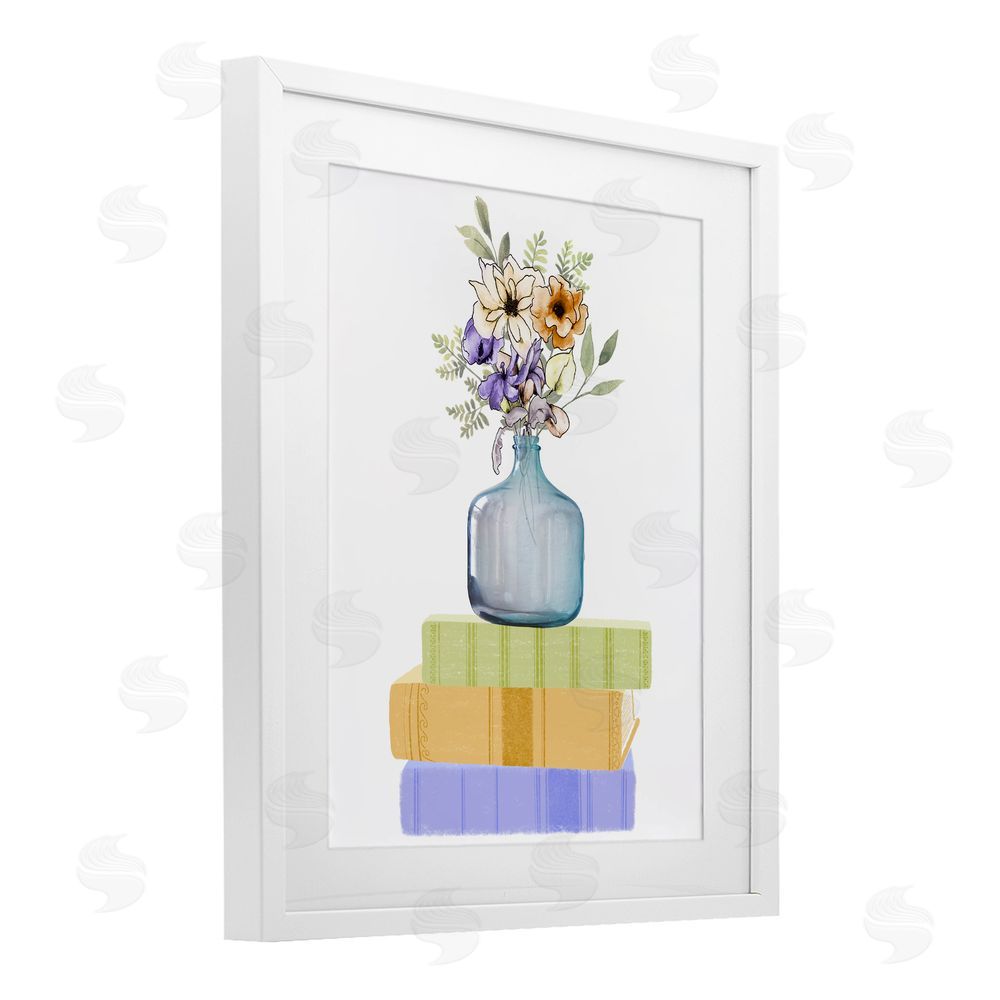 Marcus Prime Flowers Vase On Books White Framed Print Under Glass with Mat Wall Art