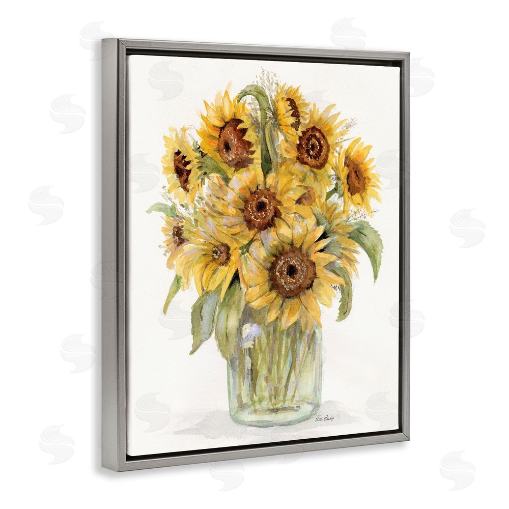 Patti Bishop Sunflower Bouquet in Watercolors Gray Floating Frame Canvas Wall Art Print