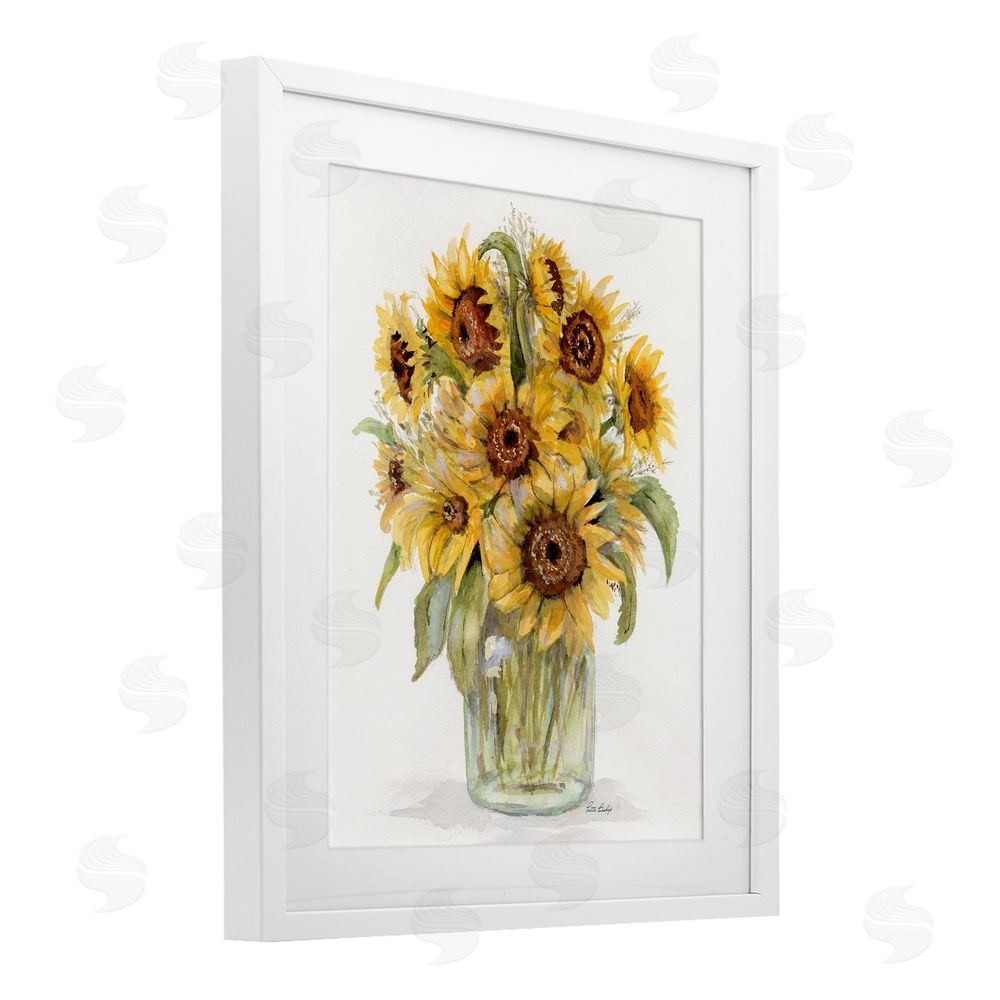 Patti Bishop Sunflower Bouquet in Watercolors White Framed Print Under Glass with Mat Wall Art