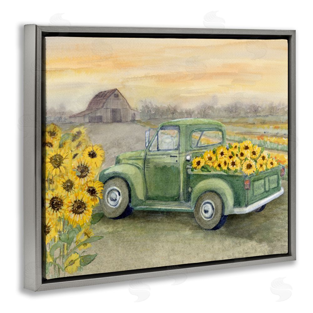 Patti Bishop Wild Sunflower Truck Harvest Gray Floating Frame Canvas Wall Art Print
