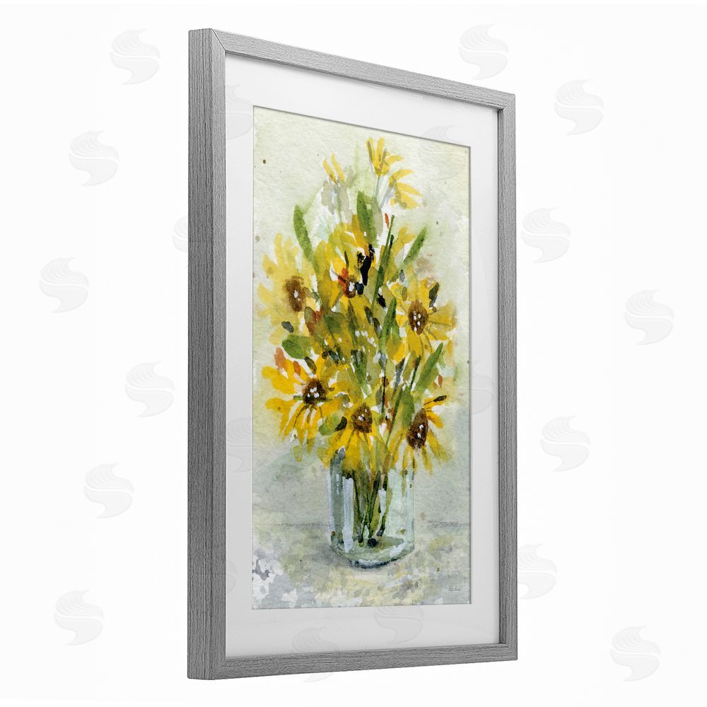 Patti Bishop Sun Flowers & Daisy Bouquet Gray Framed Print Under Glass with White Mat Wall Art