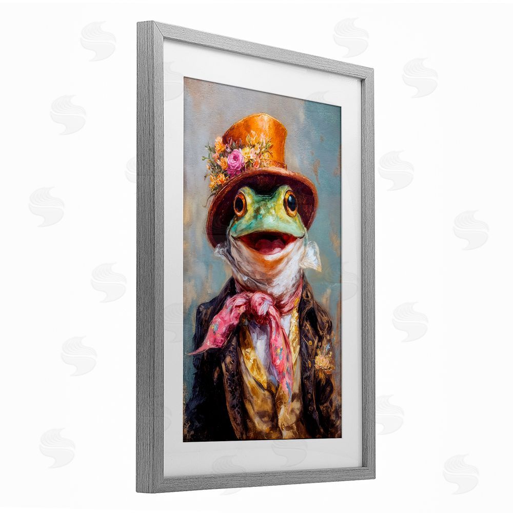Wumples Victorian Frog Portrait Gray Framed Print Under Glass with White Mat Wall Art