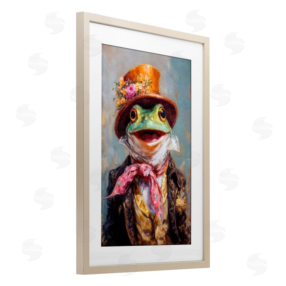 Wumples Victorian Frog Portrait Birch Framed Print Under Glass with White Mat Wall Art