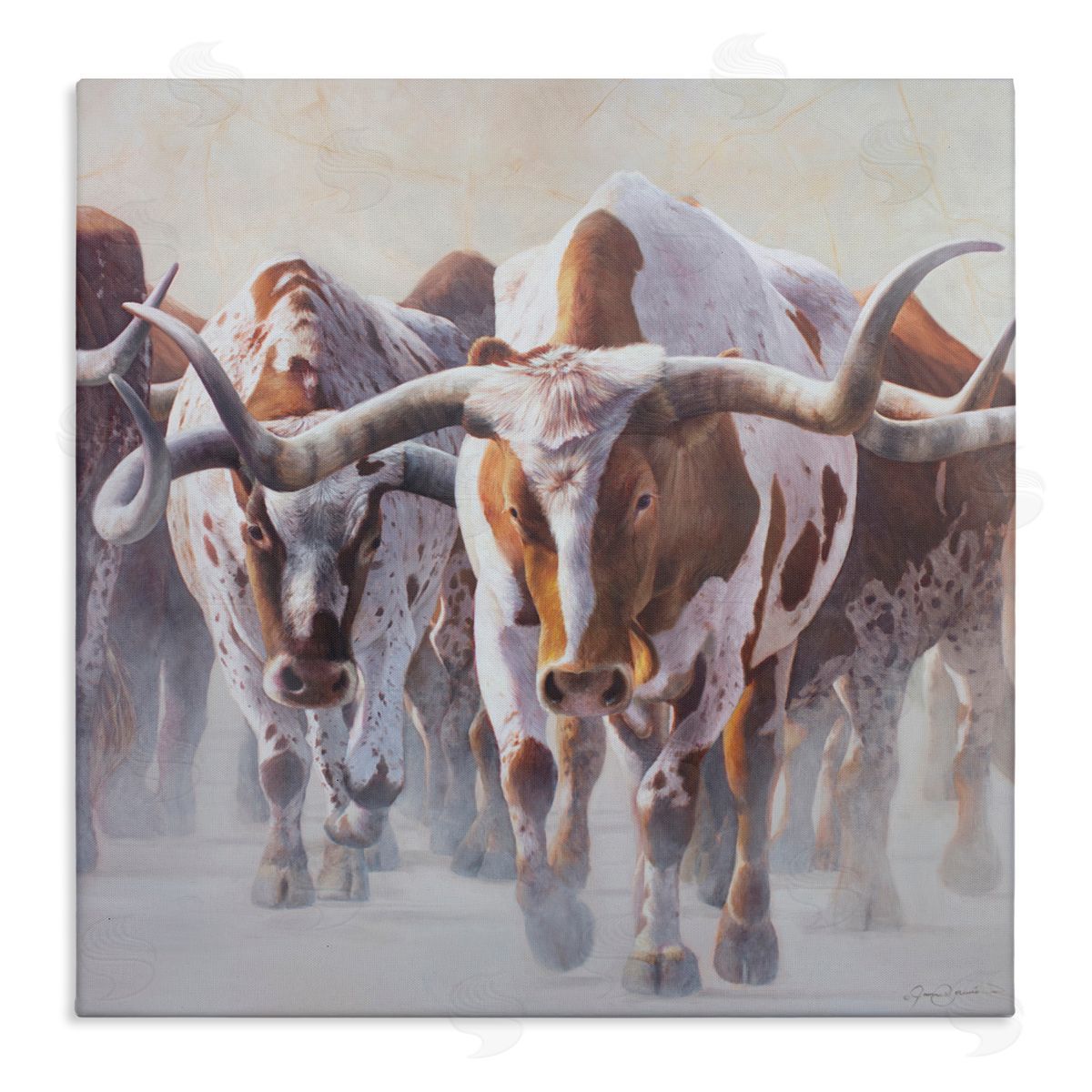 James Corwin Herd of Longhorns on Ranch Canvas Wall Art Print