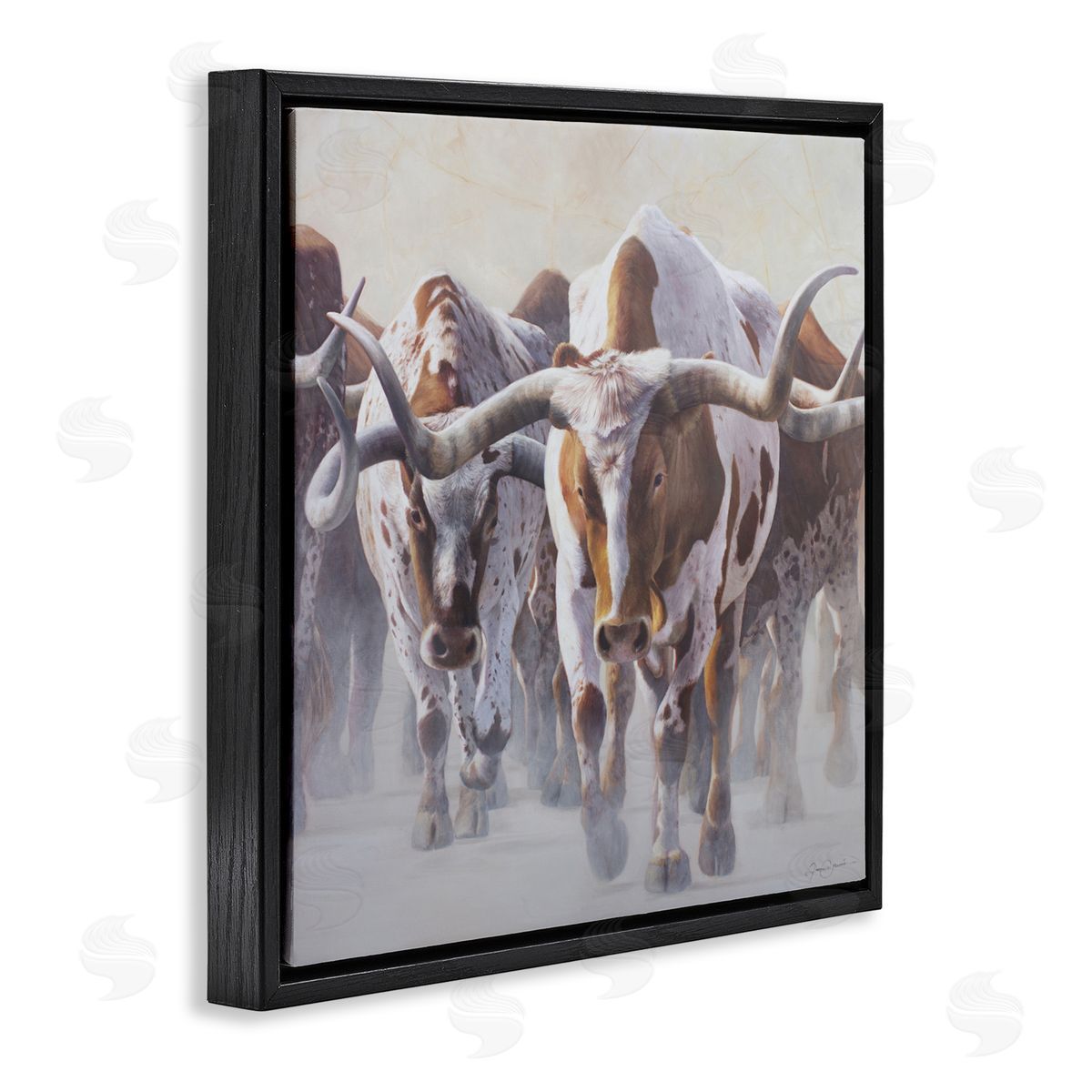James Corwin Herd of Longhorns on Ranch Black Floating Frame Canvas Wall Art Print