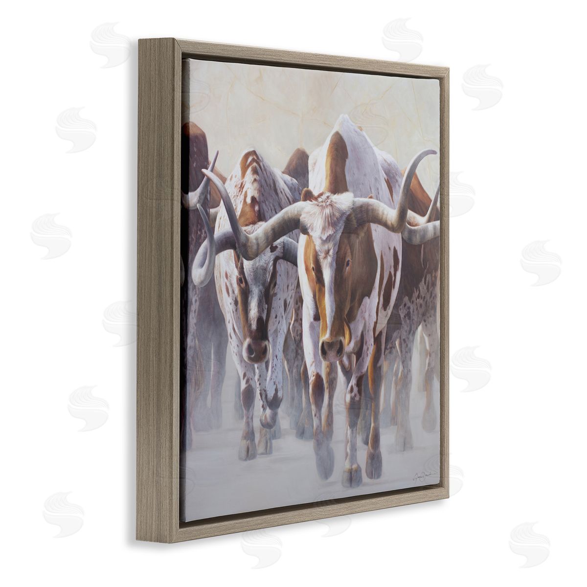 James Corwin Herd of Longhorns on Ranch Brown Floating Frame Canvas Wall Art Print