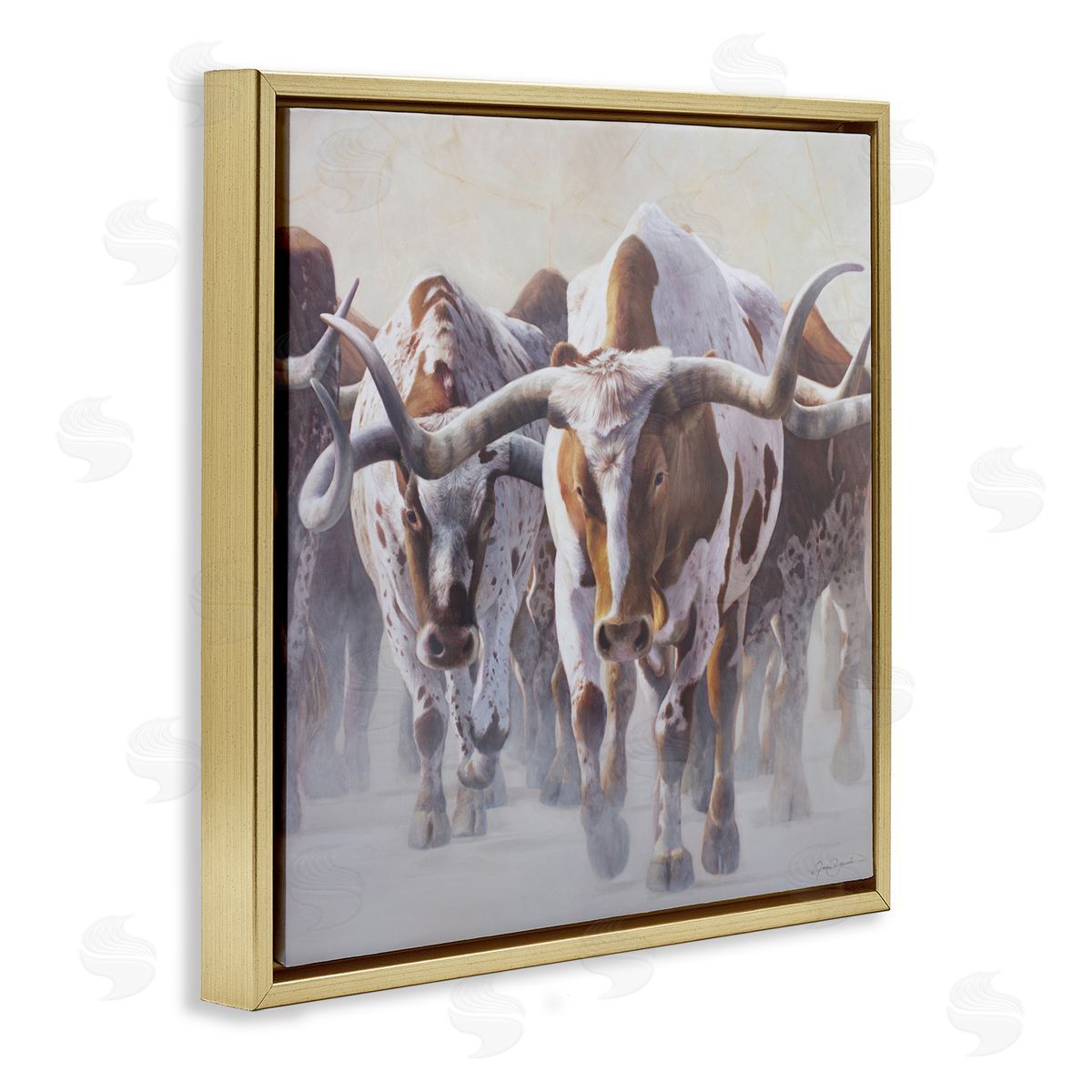 James Corwin Herd of Longhorns on Ranch Gold Floating Frame Canvas Wall Art Print
