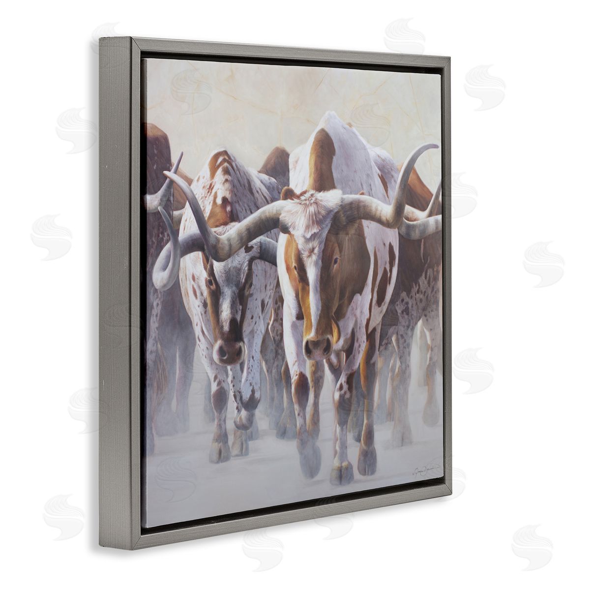 James Corwin Herd of Longhorns on Ranch Gray Floating Frame Canvas Wall Art Print