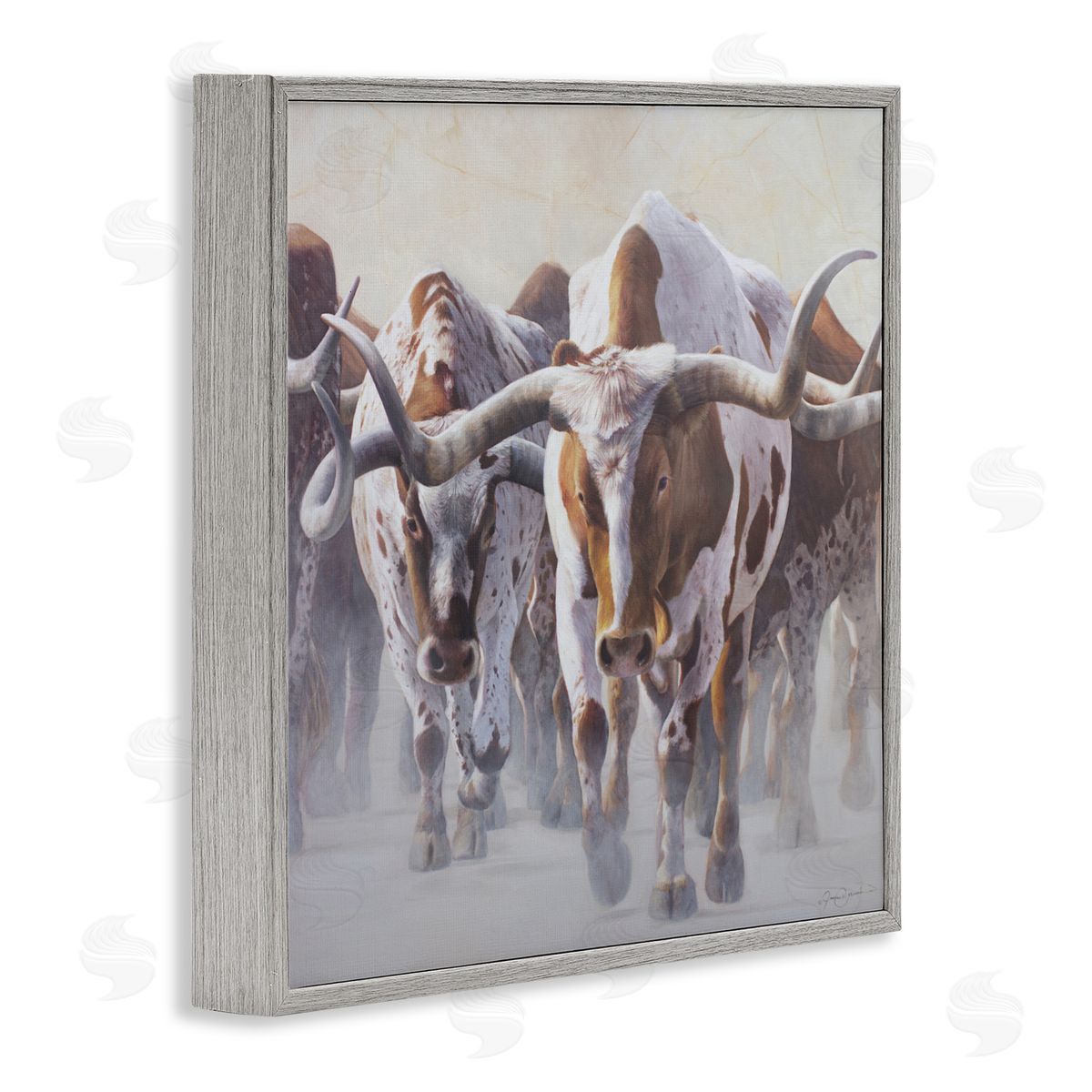 James Corwin Herd of Longhorns on Ranch Gray Framed Giclee Wall Art Print