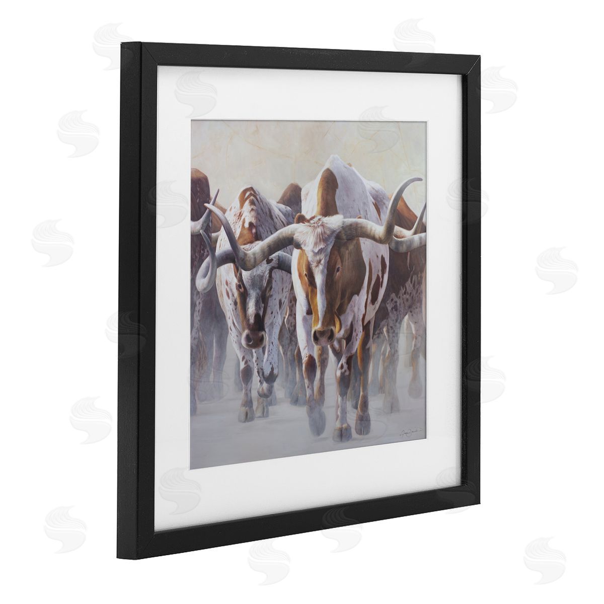 James Corwin Herd of Longhorns on Ranch Black Framed Print Under Glass with White Mat Wall Art