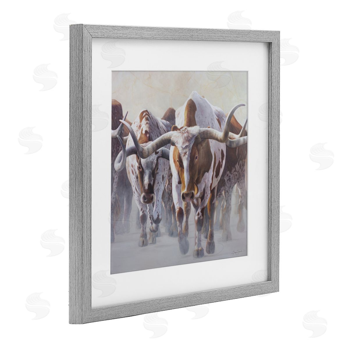 James Corwin Herd of Longhorns on Ranch Gray Framed Print Under Glass with White Mat Wall Art