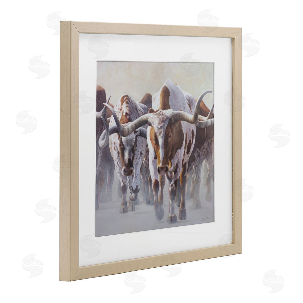 James Corwin Herd of Longhorns on Ranch Birch Framed Print Under Glass with White Mat Wall Art