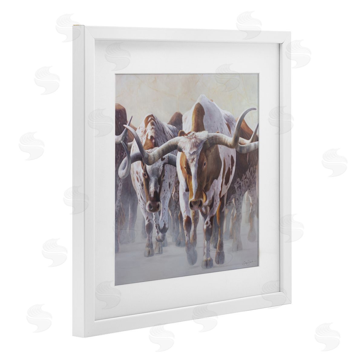 James Corwin Herd of Longhorns on Ranch White Framed Print Under Glass with Mat Wall Art