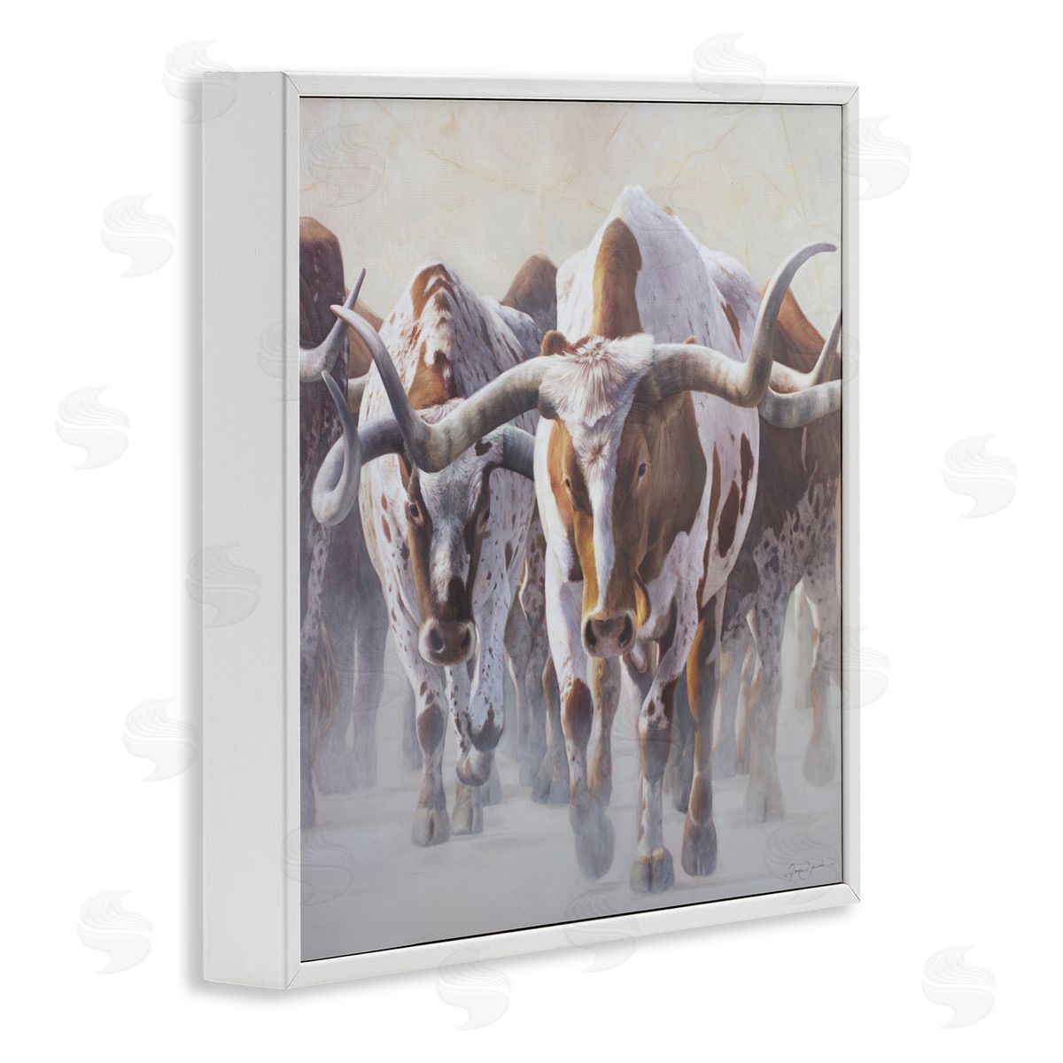 James Corwin Herd of Longhorns on Ranch White Framed Giclee Wall Art Print